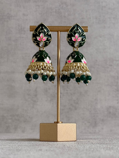 Ayura Designs Gia Jhumkis – Emerald Green Meenakari with Pink Lotus Motifs & Ivory Pearl Drops