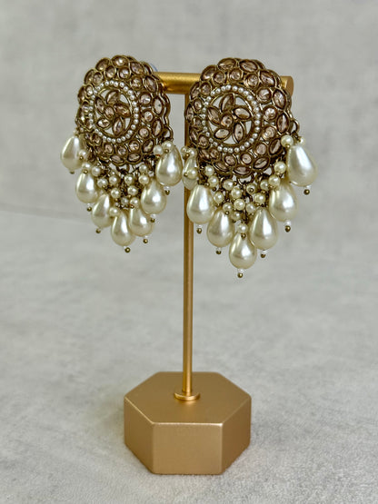 Ayura Designs Aynoor Petal Frame Earrings – Antique Gold Finish with Mirror-Cut Stones & Pearl Drops