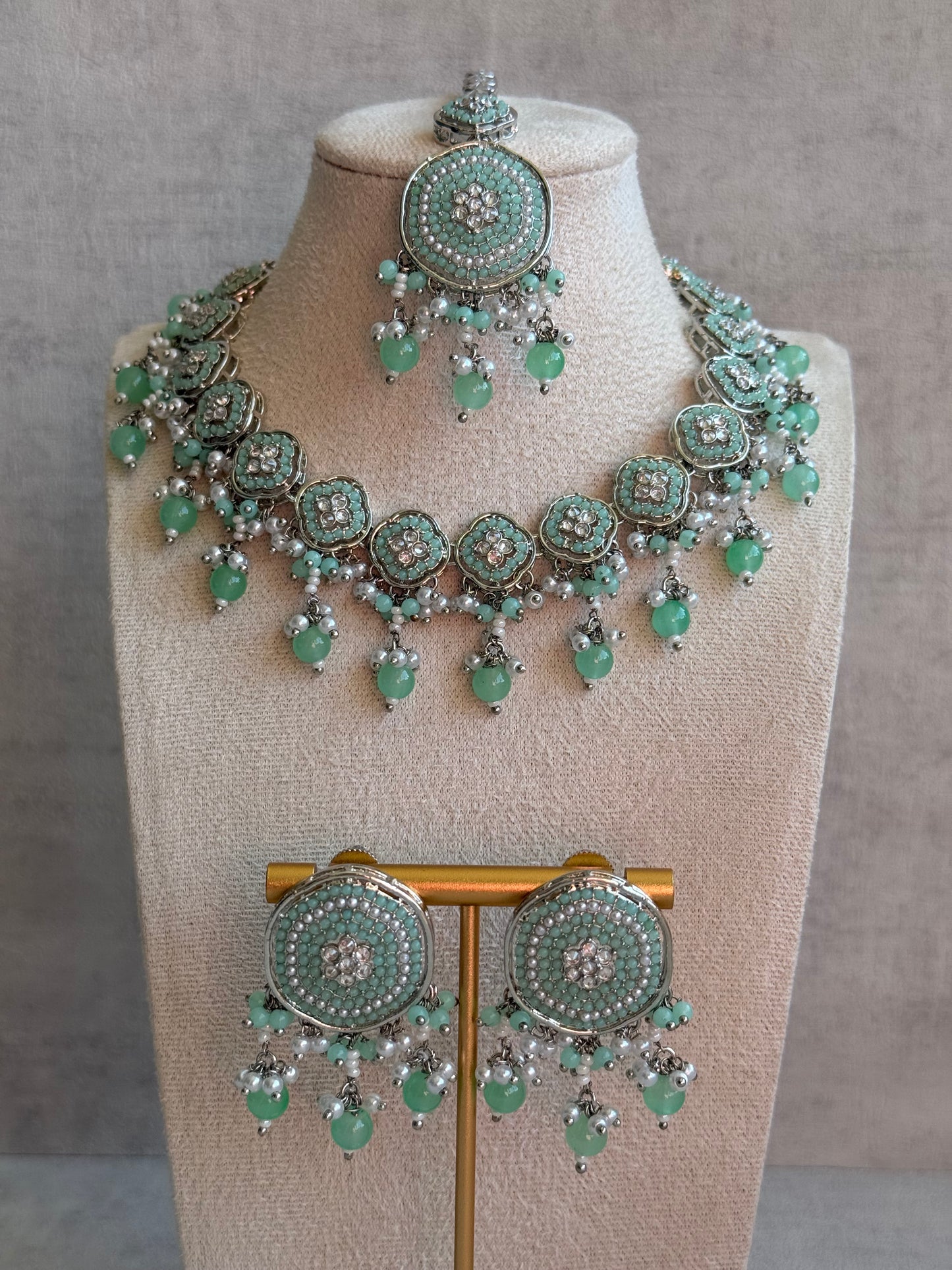 Ayura Designs Nomal Set with Earrings & Tikka – Mint Green Beads, Pearl Detailing & Silver Finish