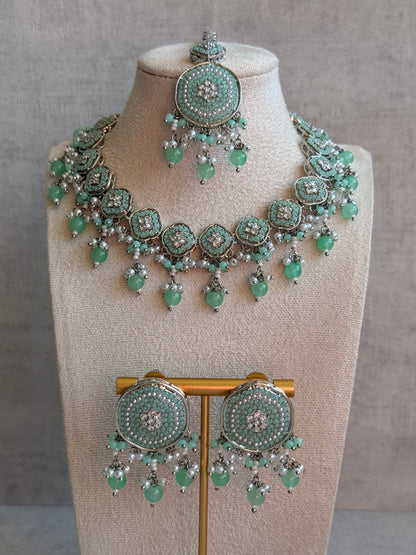 Ayura Designs Nomal Set with Earrings & Tikka – Mint Green Beads, Pearl Detailing & Silver Finish