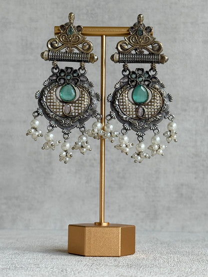 Ayura Designs Haya Earrings – Oxidised Statement Earrings with Aqua & Blush Stone Detailing