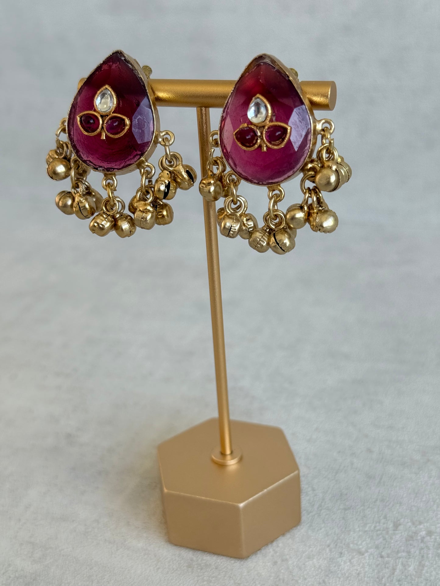 Ayura Designs Aykai Earrings – Ruby Pink Teardrop Stud Earrings with Clear Kundan Stones and Gold Ghungroo Drops