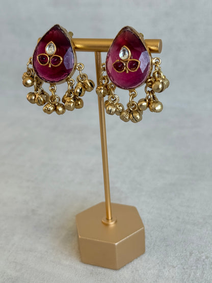 Ayura Designs Aykai Earrings – Ruby Pink Teardrop Stud Earrings with Clear Kundan Stones and Gold Ghungroo Drops