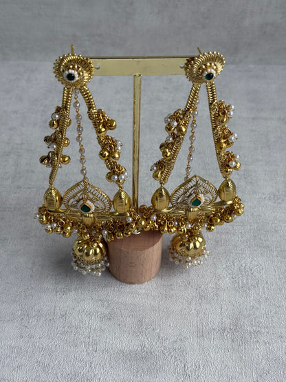Ayura Designs Teja Earrings – Antique Gold Jhumkis with Emerald Stone & Pearl Detailing