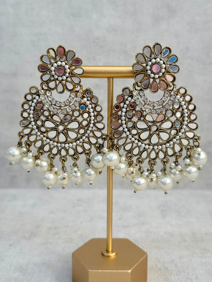 Ayura Designs Sheesha Tikka Set with Earrings – Antique Gold Mirror Detailing with Pearl Drops