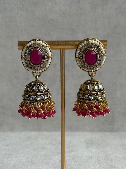 Ayura Designs Muskaan Set – Choker, Jhumkis & Tikka with Hot Pink Beads, Kundan Stones & Antique Gold Finish