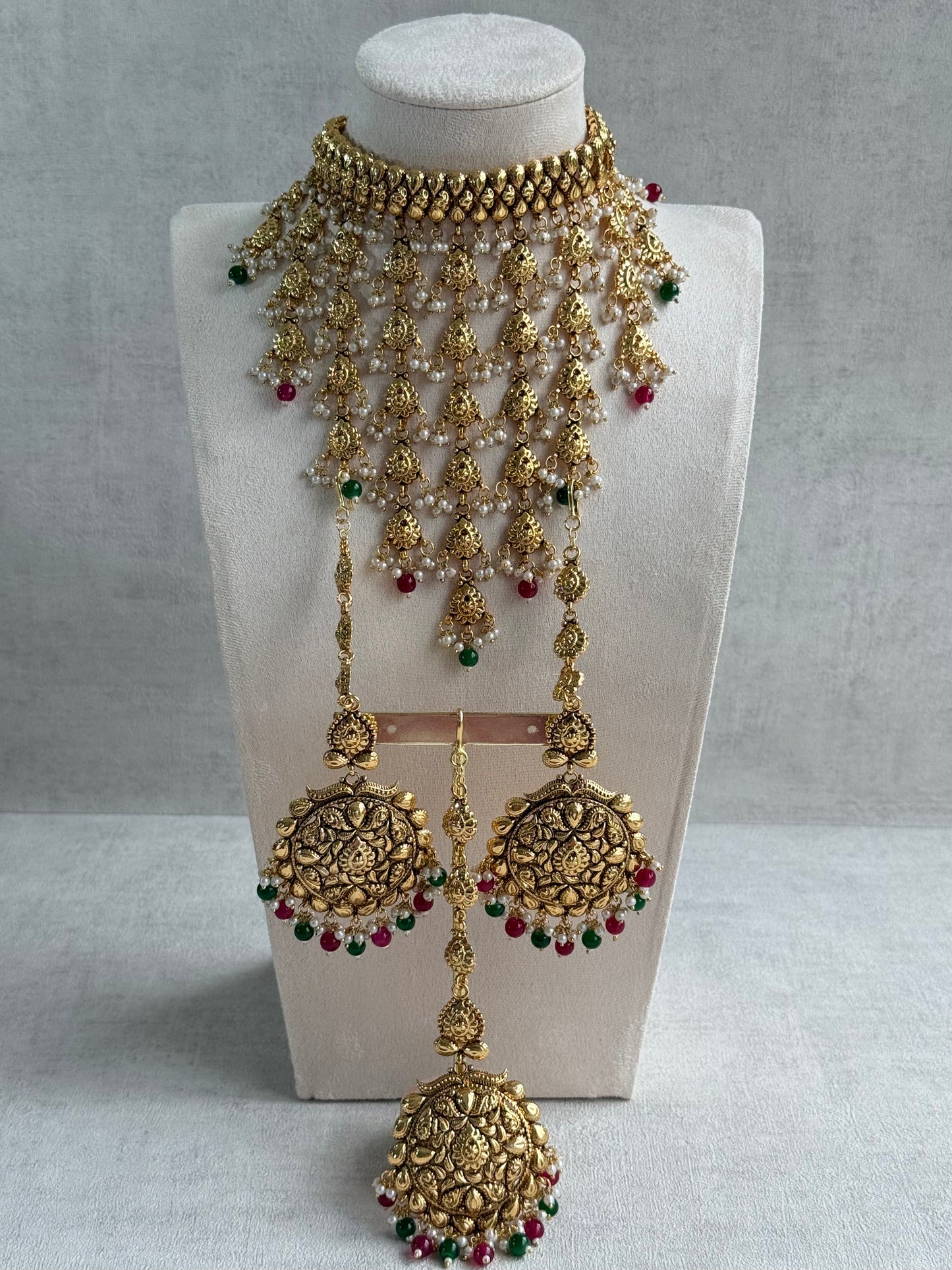 Ayura Designs Karima Choker Set with Sahare Earrings & Tikka – Waterfall Design, Rani Pink & Green Beads, Pearls & Antique Gold Finish