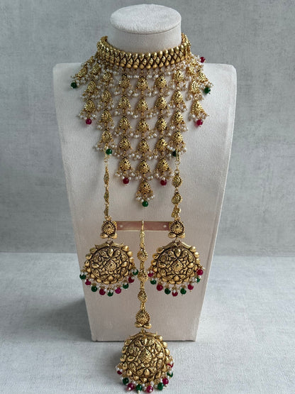 Ayura Designs Karima Choker Set with Sahare Earrings & Tikka – Waterfall Design, Rani Pink & Green Beads, Pearls & Antique Gold Finish