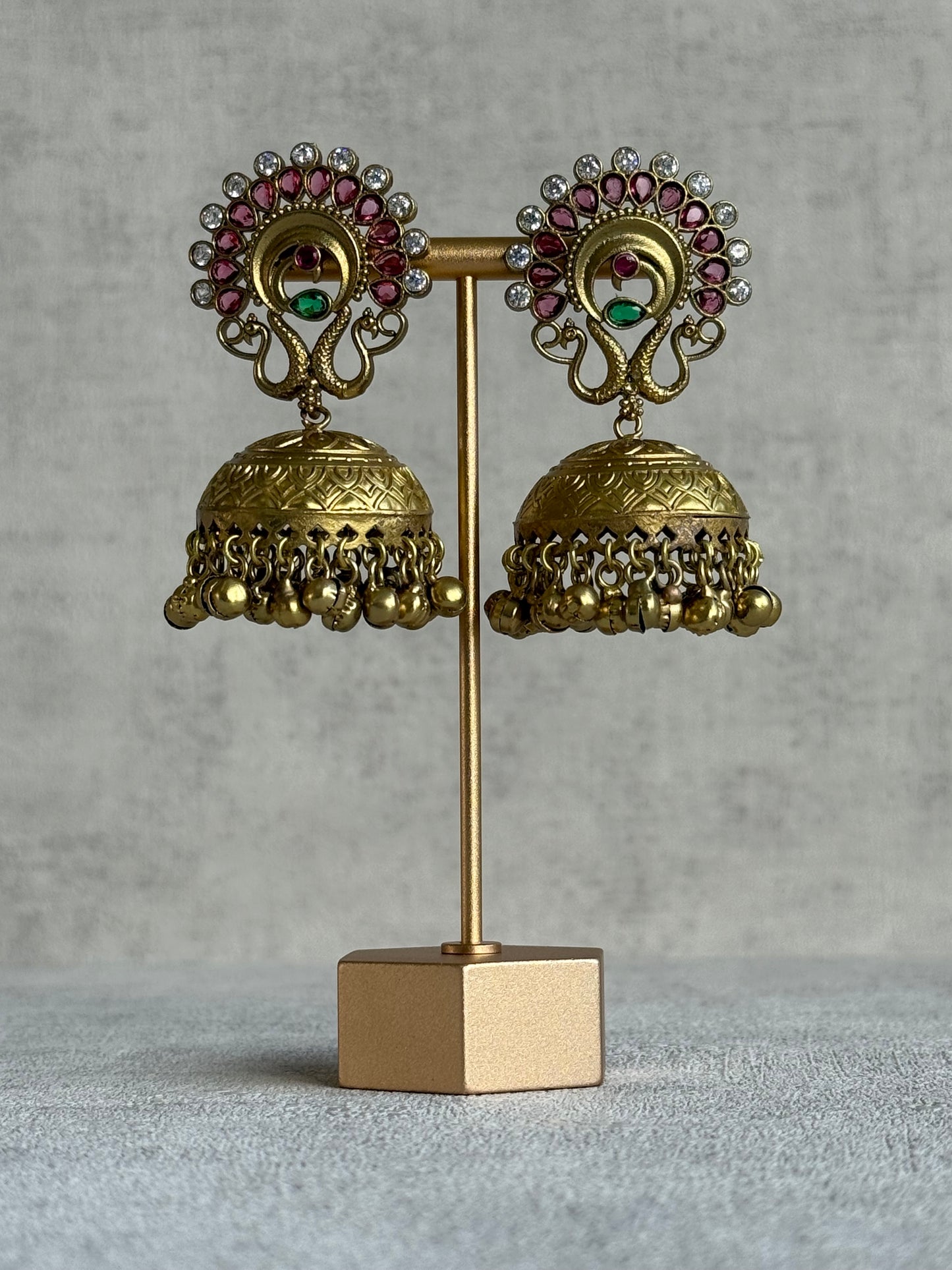 Ayura Designs Moraya Jhumkis – Berry Pink Peacock Motif with Antique Gold Detailing
