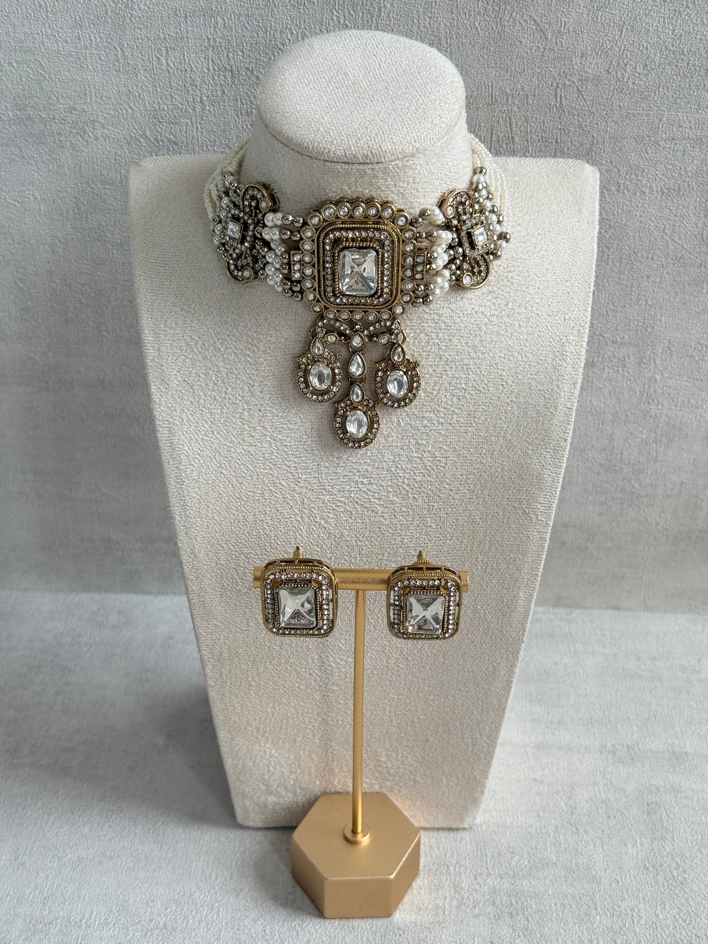 Ayura Designs Nabiha Choker Set with Studs – Ivory Pearl, Crystal Detailing & Gold Finish