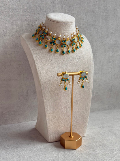Ayura Designs Rehnuma Kundan Choker Set with Earrings & Turquoise Floral Detailing