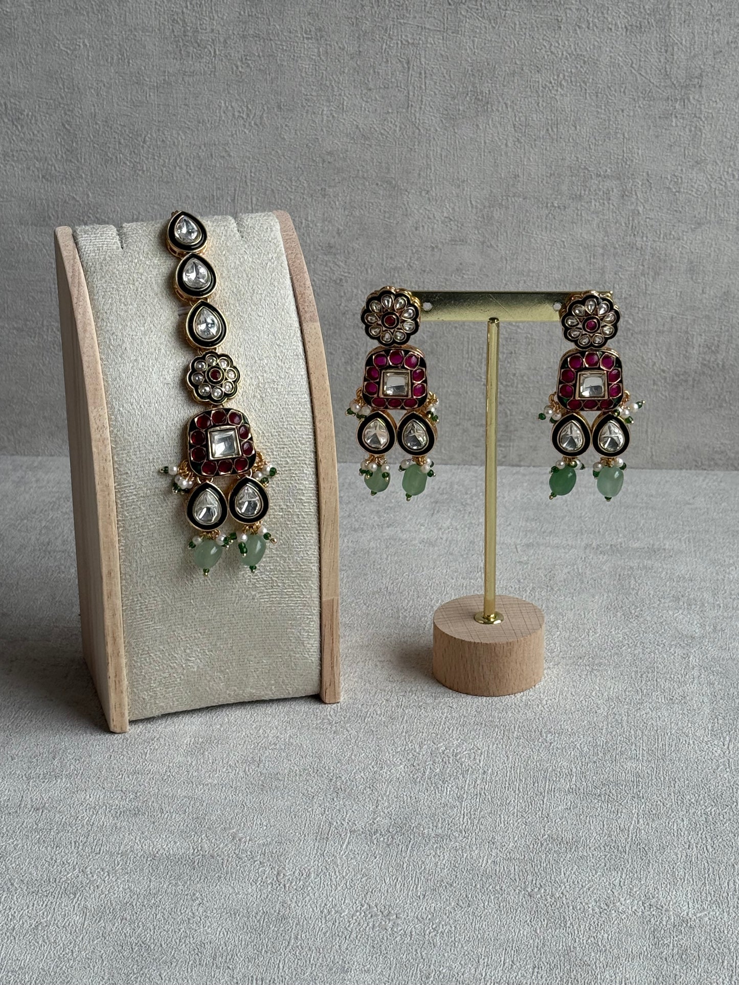 Ayura Designs Salma Set – Necklace, Earrings & Tikka with Mirror-Cut Kundan, Pink & Mint Beads, Emerald Green Meenakari & Gold Finish