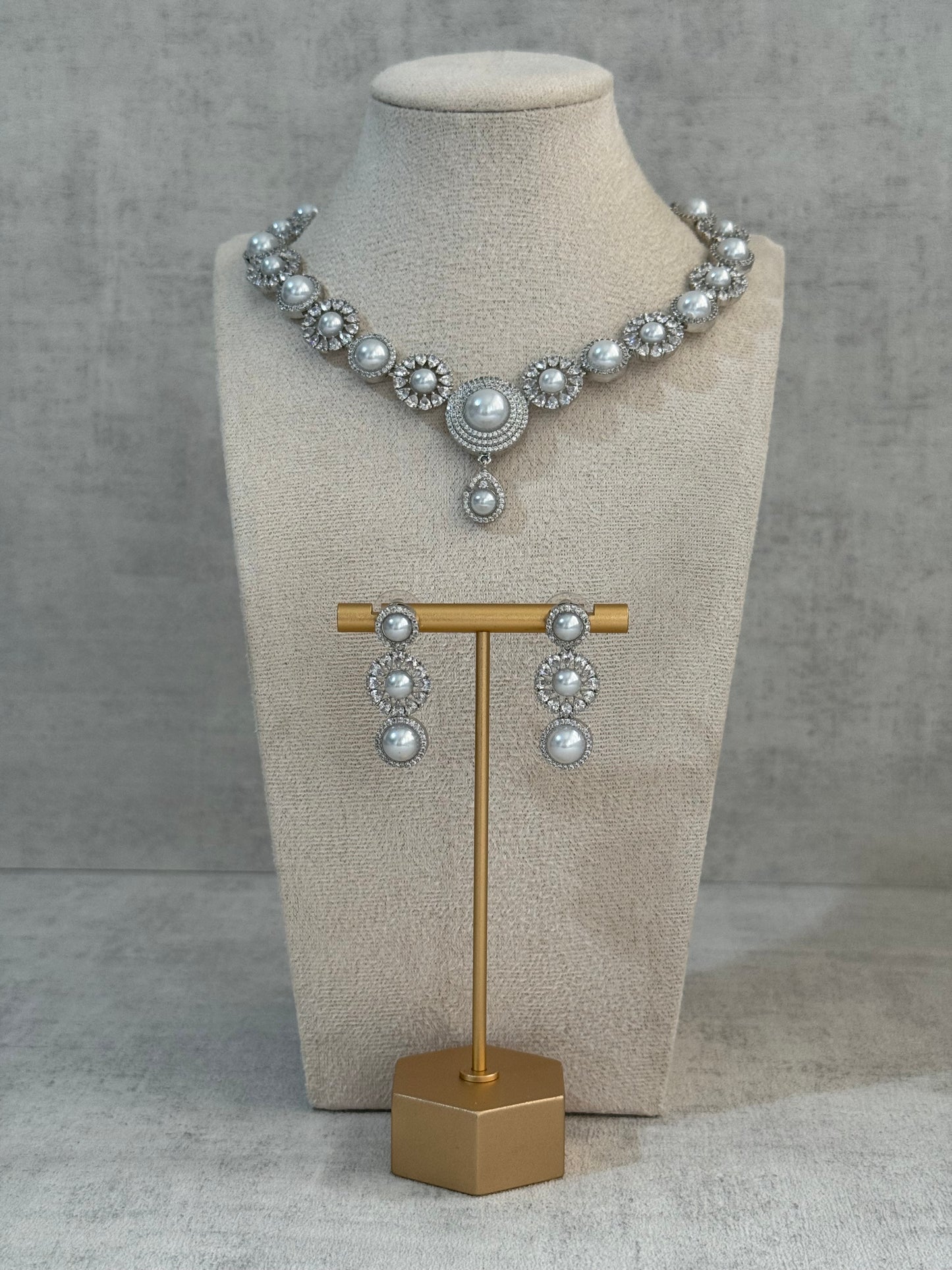 Ayura Designs Evelyn Set with Necklace & Stud Earrings – Silver Finish, Pearlescent Stones & Crystal Accents