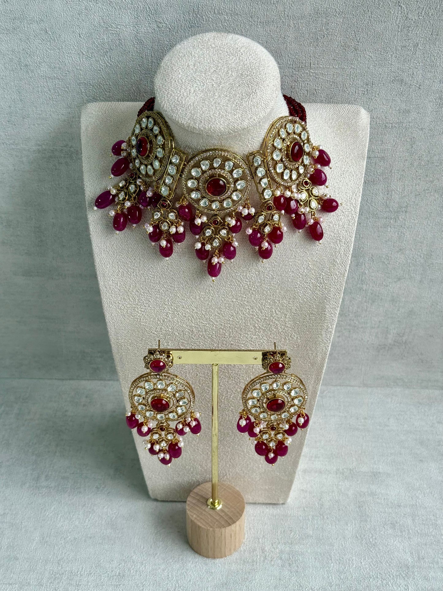 Ayura Designs Harper Set – Antique Gold Choker & Earrings with Deep Berry Pink Beads, Kundan Stones & Pearl Detailing