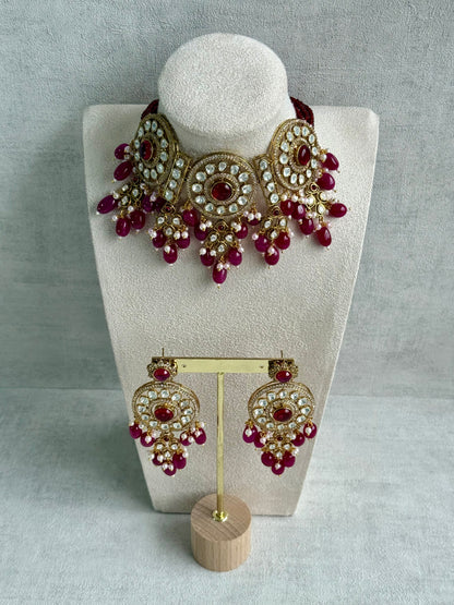 Ayura Designs Harper Set – Antique Gold Choker & Earrings with Deep Berry Pink Beads, Kundan Stones & Pearl Detailing