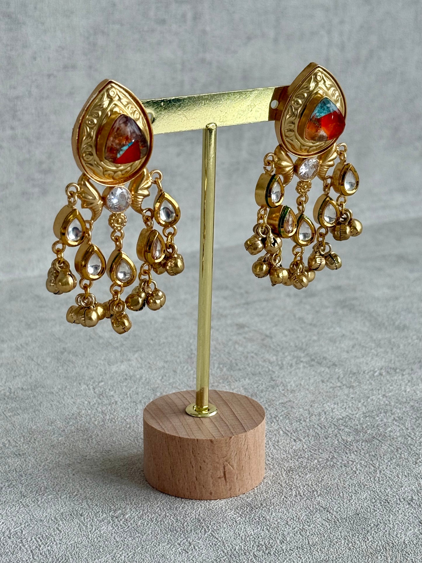 Ayura Designs Arheer Earrings – Orange & Turquoise Marble with Kundan Detailing & Antique Gold Ghungroos