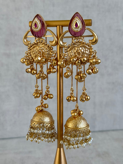 Ayura Designs Prisha Earrings – Antique Gold Jhumkas with Ruby Red Studs, Pearl Detailing & Long Dangling Chains