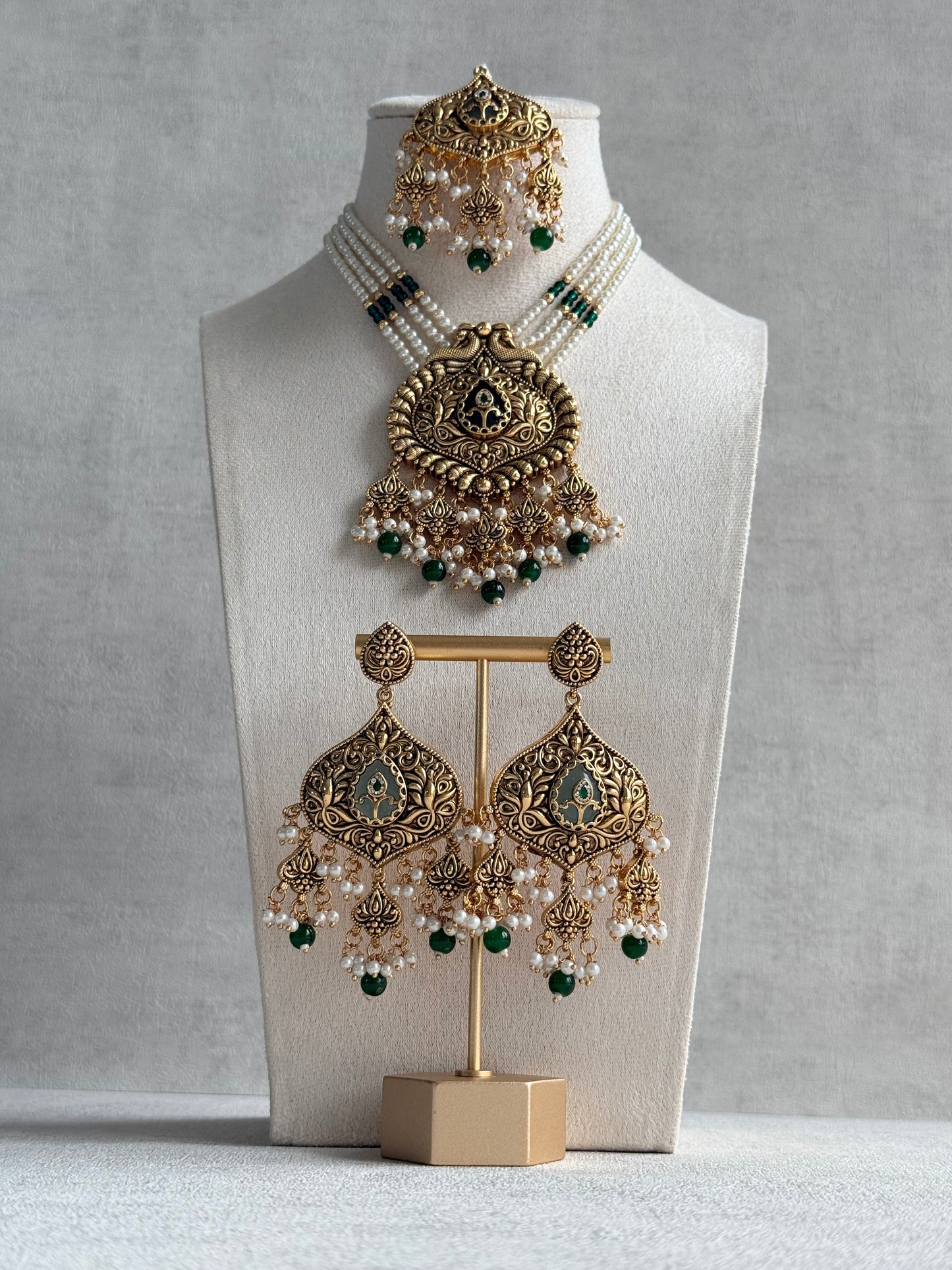 Ayura Designs Afia Necklace Set with Earrings & Tikka – Antique Gold, Emerald Green Beads, Green Centre Stone & Peacock Motifs
