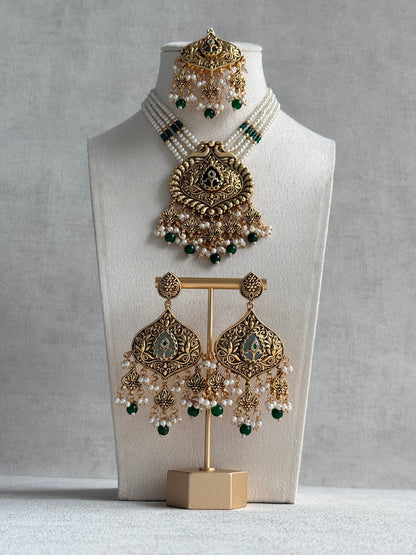 Ayura Designs Afia Necklace Set with Earrings & Tikka – Antique Gold, Emerald Green Beads, Green Centre Stone & Peacock Motifs
