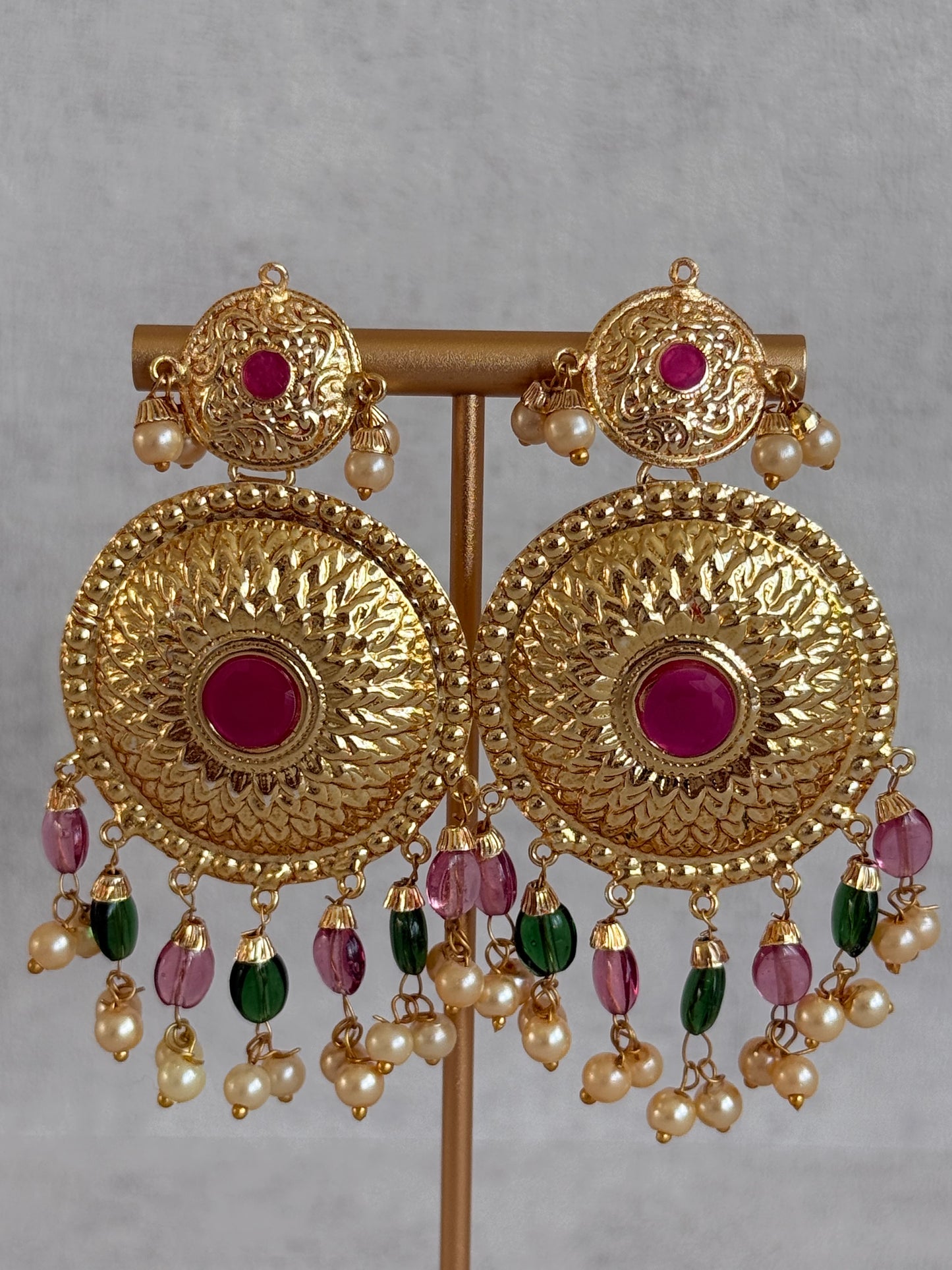 Ayura Designs Jyoti Set with Earrings & Tikka – Gold Disc Necklace with Ruby Pink, Emerald Green & Pearl Detailing