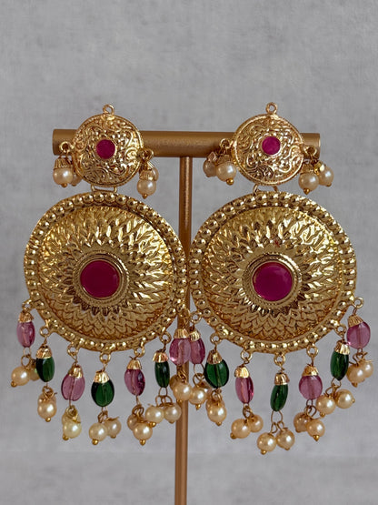 Ayura Designs Jyoti Set with Earrings & Tikka – Gold Disc Necklace with Ruby Pink, Emerald Green & Pearl Detailing