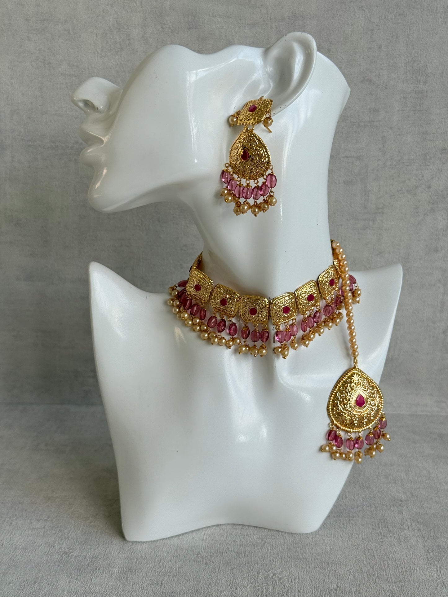 Ayura Designs Chetna Choker Set with Earrings & Tikka – Rani Pink Beads, Cream Pearl Drops with Pipal Patti Detailing