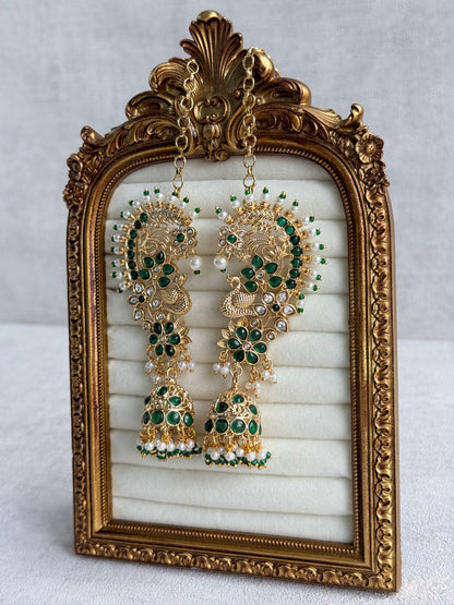 Ayura Designs Nitya Kaanphool Jhumkis – Gold Peacock Motifs, Emerald Green Kundan & Pearl Drops with Attached Sahare