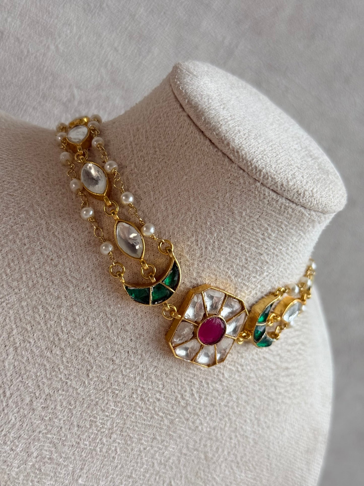 Ayura Designs Mahi Choker Set with Earrings – Meenakari Kundan Green & Pink Detailing