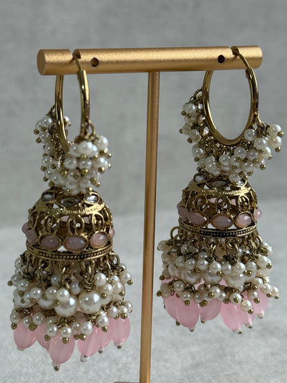 Ayura Designs Jugni Jhumkis – Antique Gold Balis with Blush Pink Beads & Pearl Clusters