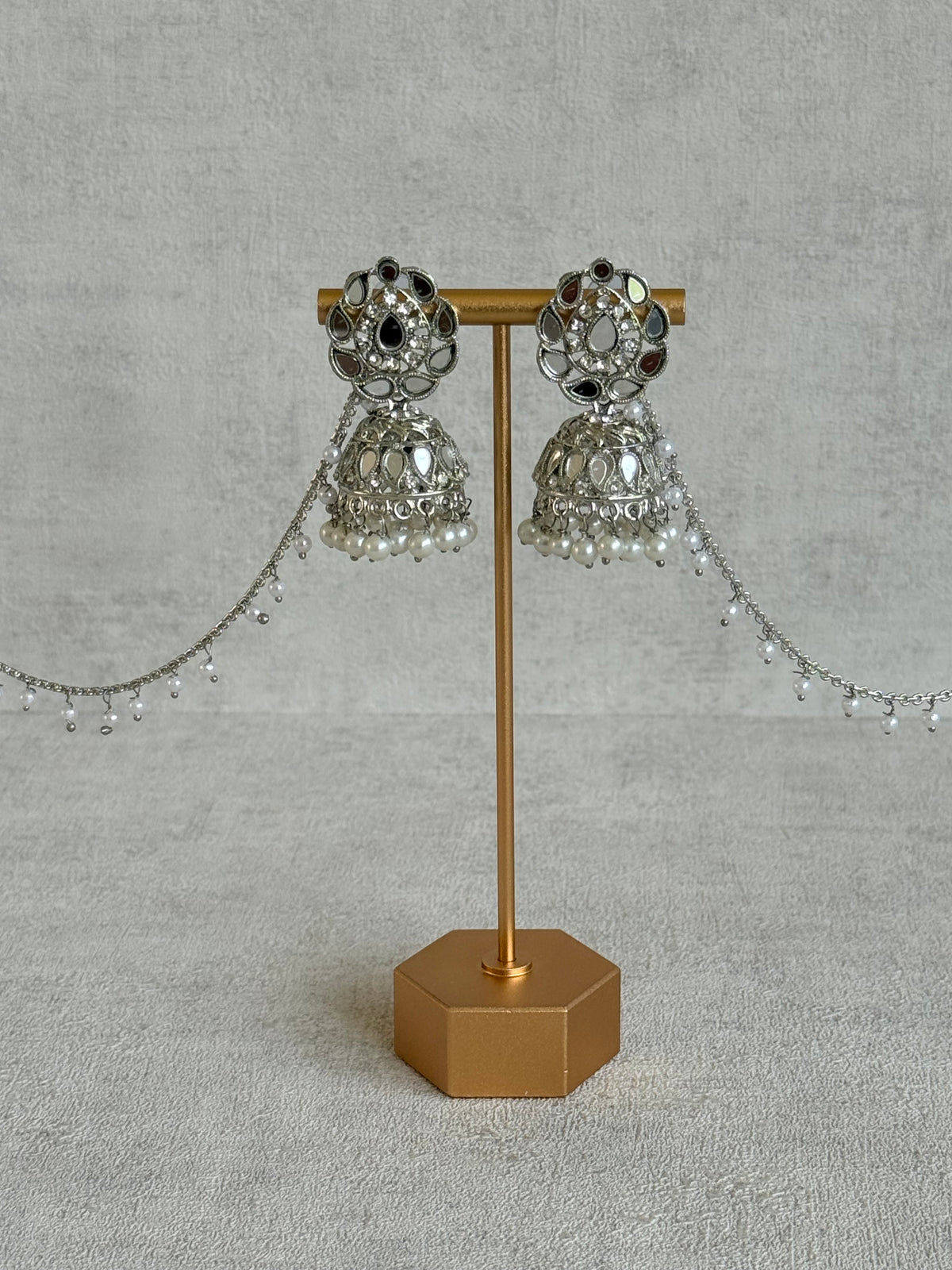 Ayura Designs Mira Jhumkis – Silver Mirror-Cut Earrings with Detachable Single-Layer Pearl Sahare