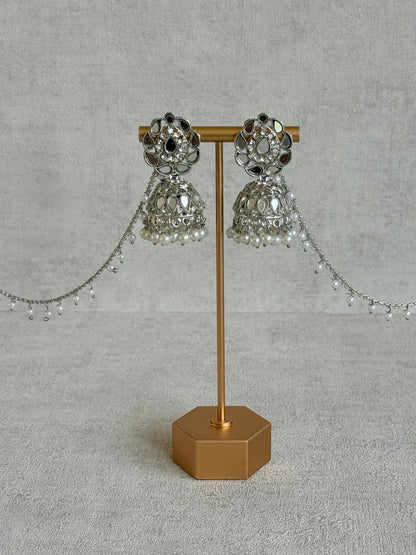 Ayura Designs Mira Jhumkis – Silver Mirror-Cut Earrings with Detachable Single-Layer Pearl Sahare