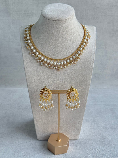 Ayura Designs Tarz Necklace Set with Earrings – Gold Pearl Layered Fringe Design with Pearl Drops