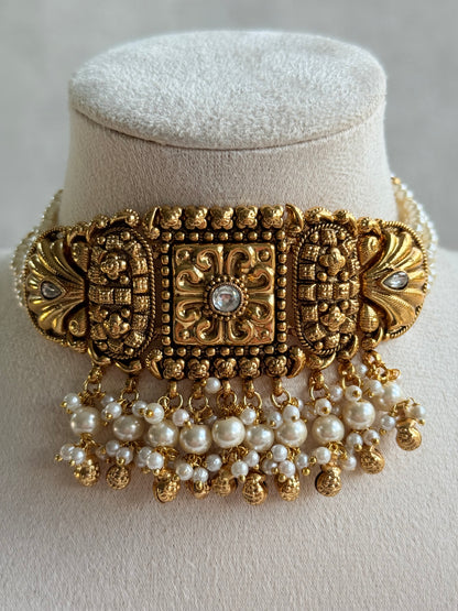 Ayura Designs Nabila Choker Set with Earrings & Tikka – Antique Gold Finish, Sea Shell Detailing, Pearls & Ghungroos
