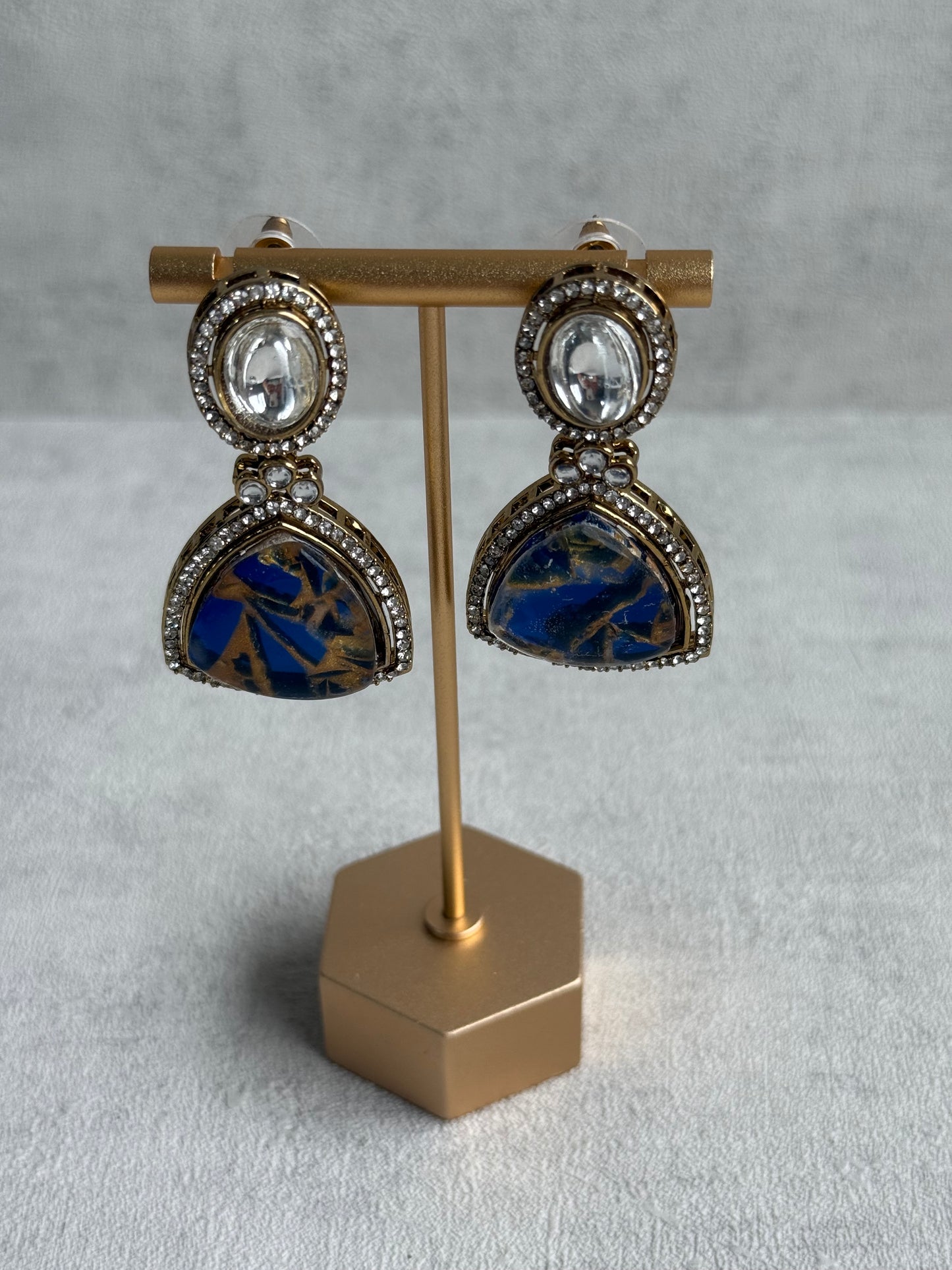Ayura Designs Florence Earrings – mirror cut studs with Deep Ink Blue Marble Resin & Crystal Borders