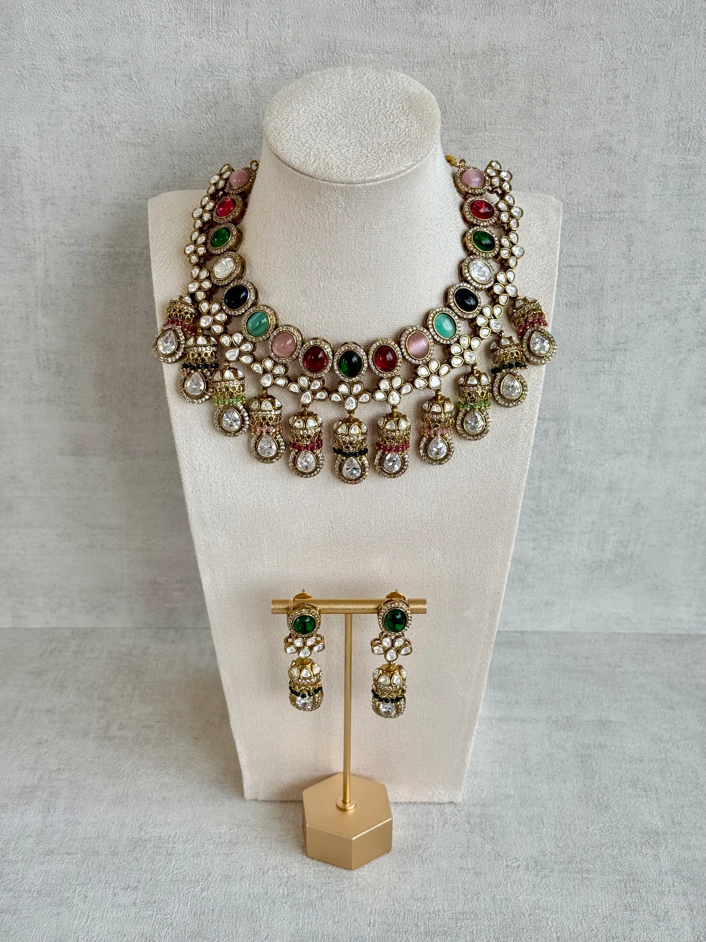 Ayura Designs Imara Set with Necklace & Jhumkis – Multicolour Stones with Kundan Detailing & Crystal Drop