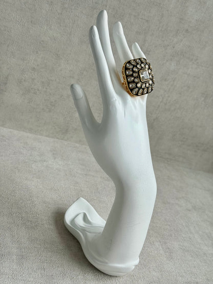 Ayura Designs Arzoo Adjustable Ring – Mirror-Cut Stone Centre with Green Enamel & Crystal Detailing