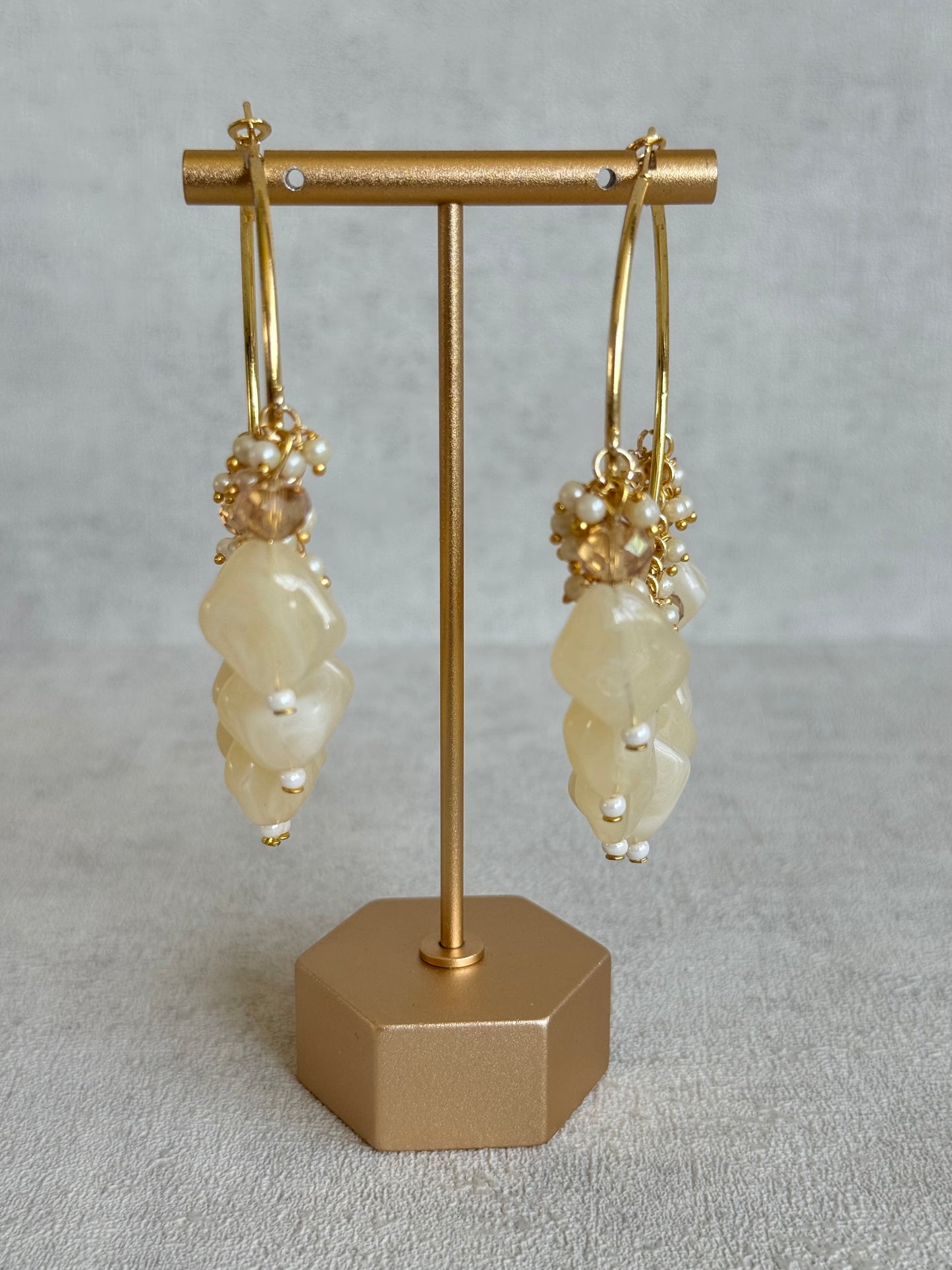 Ayura Designs Heer Balis – Gold Hoops with Ivory Pearl Marble Beads, Pearls & Crystal Detailing