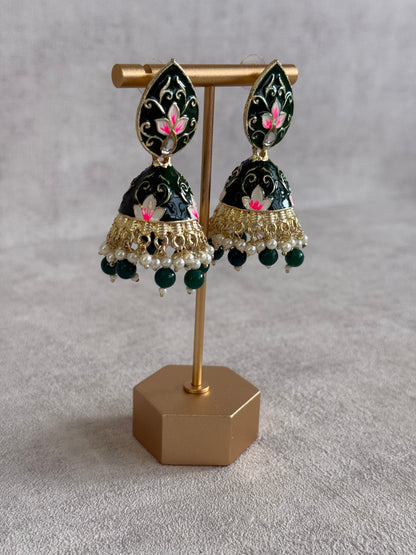 Ayura Designs Gia Jhumkis – Emerald Green Meenakari with Pink Lotus Motifs & Ivory Pearl Drops