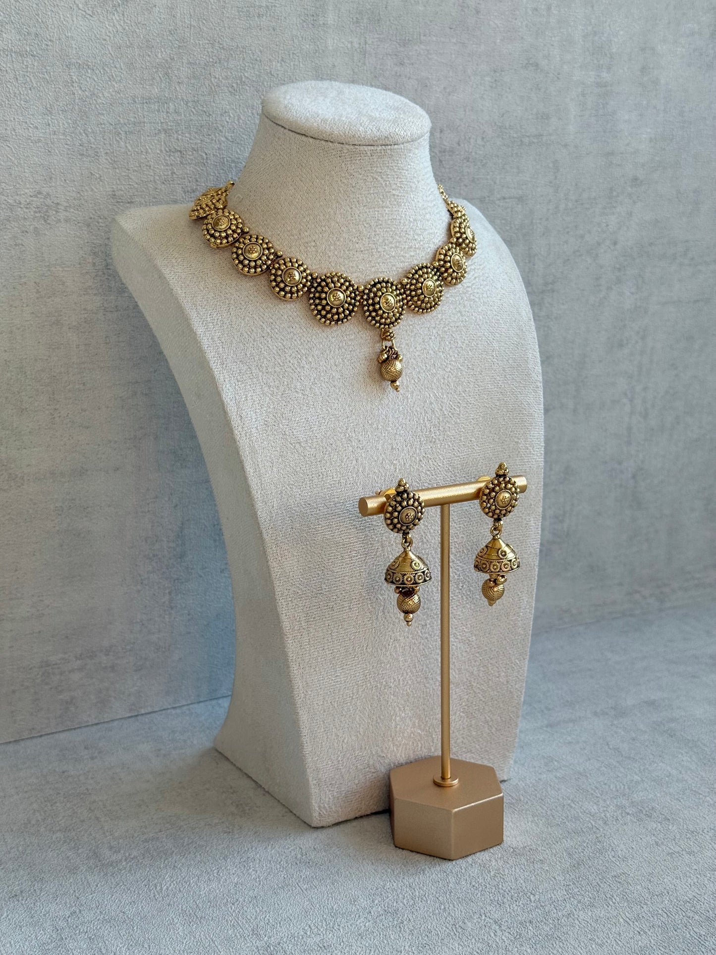 Ayura Designs Reet Set with Necklace & Jhumkis – Antique Gold with Textured Floral Motifs & Dome Drops