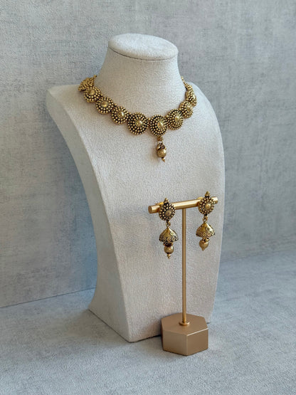 Ayura Designs Reet Set with Necklace & Jhumkis – Antique Gold with Textured Floral Motifs & Dome Drops