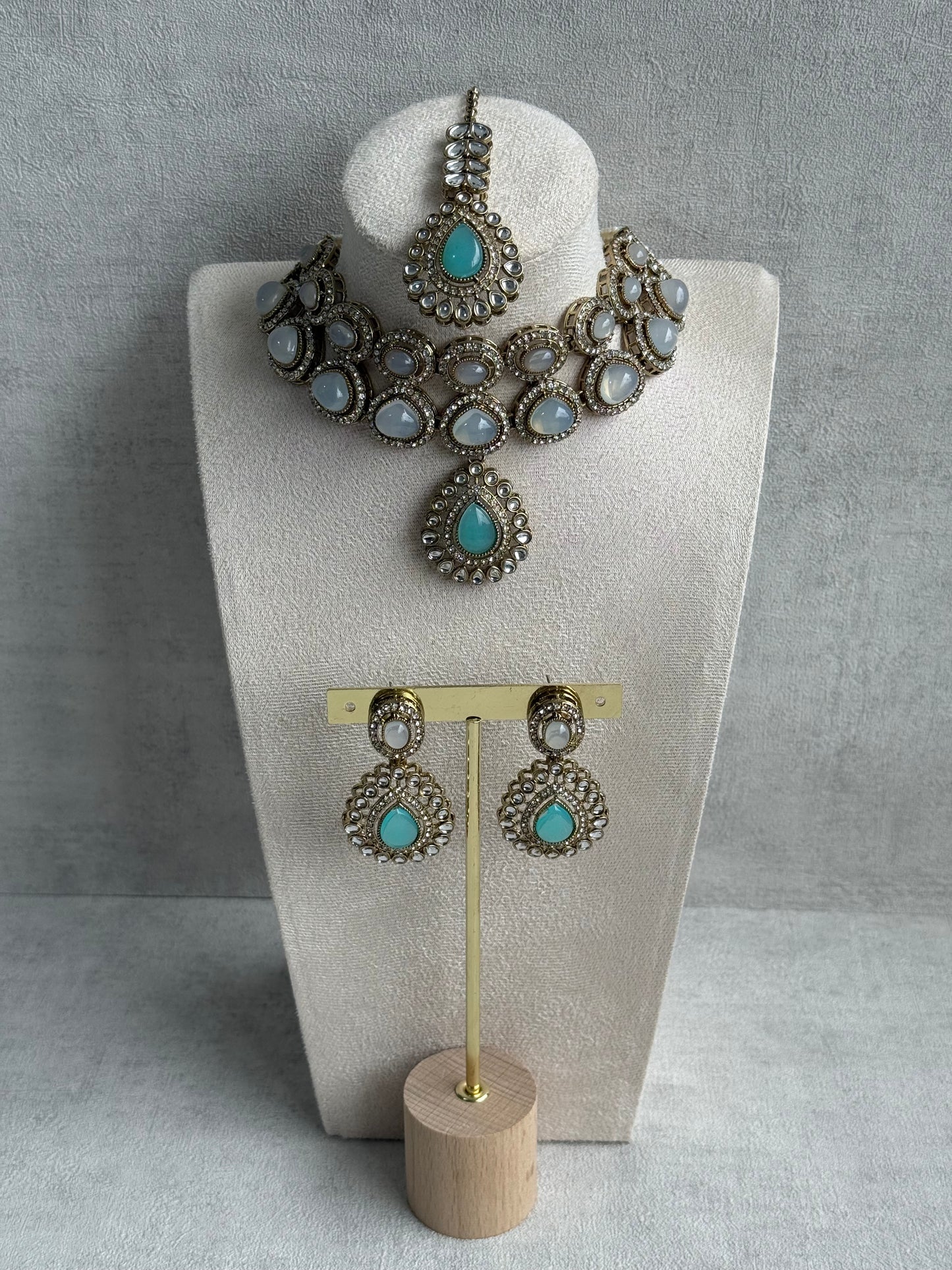 Ayura Designs Tamara Set with Necklace, Earrings & Tikka – Aqua & Opal Stones with Kundan Detailing in Antique Gold Finish