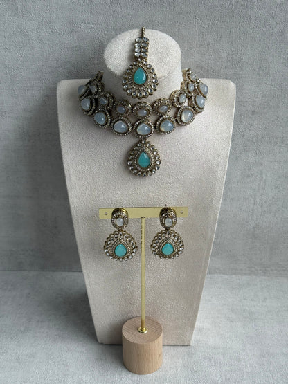 Ayura Designs Tamara Set with Necklace, Earrings & Tikka – Aqua & Opal Stones with Kundan Detailing in Antique Gold Finish
