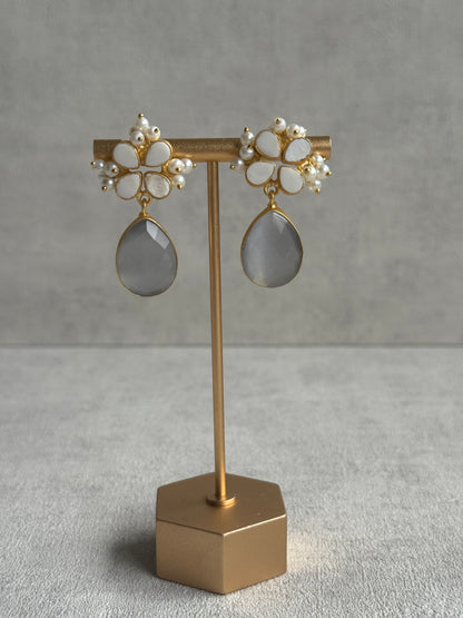 Ayura Designs Arianell Set with Necklace, Earrings & Tikka – Moonstone Grey Drops, Floral Motifs & Pearls