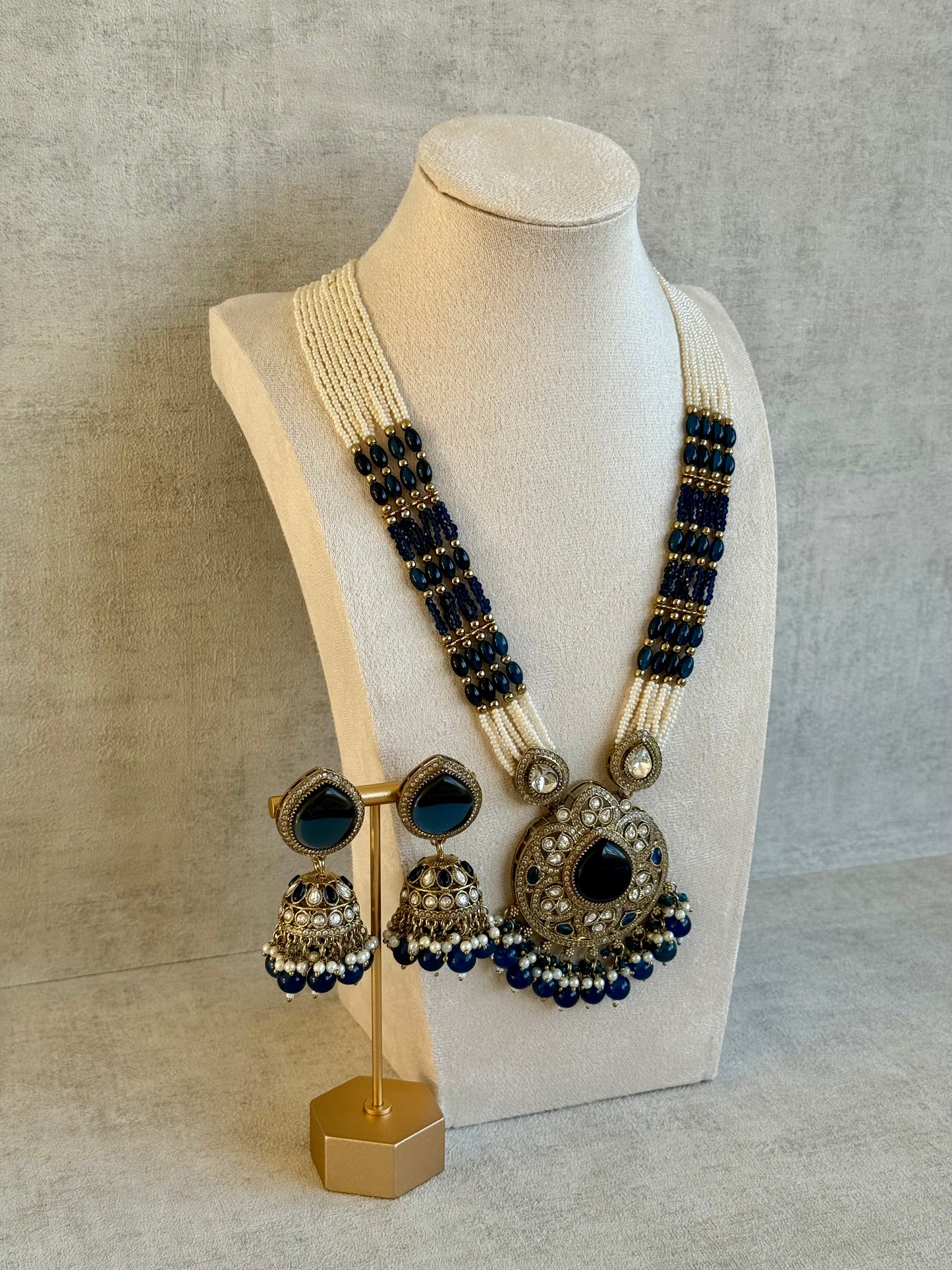 Ayura Designs Brielle Set – Necklace & Jhumkis with Mirror-Cut Stones in Midnight Blue & Ivory