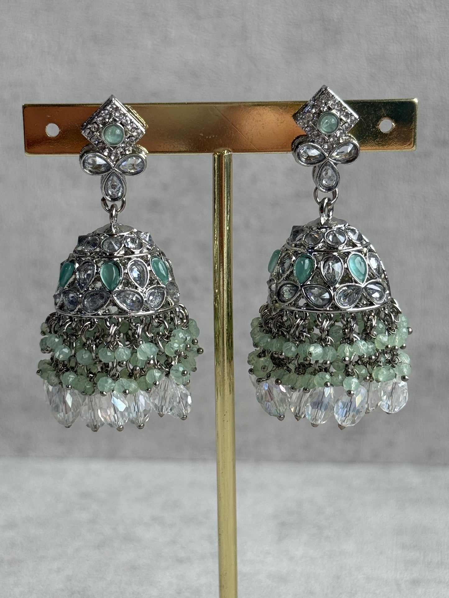 Ayura Designs Rayna Set – Necklace, Jhumkis & Tikka with Mint Green Beads, Mirror-Cut Stones & Silver Finish
