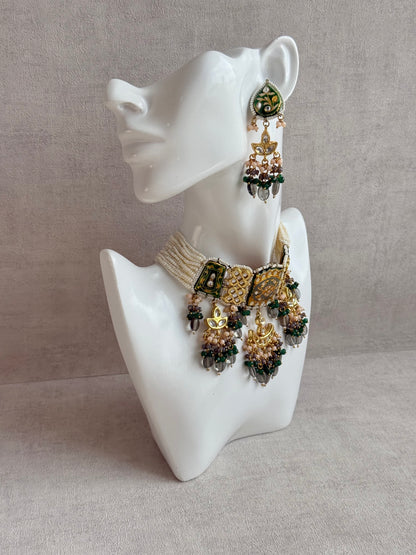 Ayura Designs Rehma Meenakari Kundan Choker Set with Earrings – Emerald Green & Pearl Bead Detailing