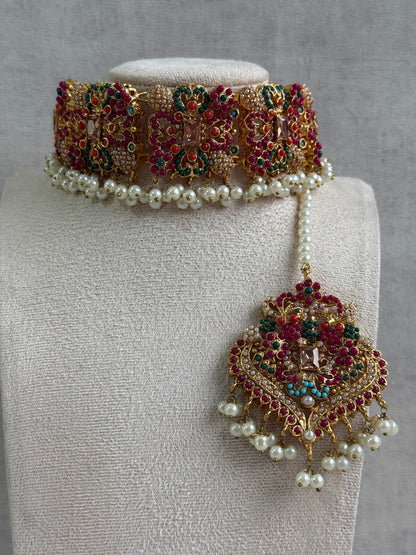 Ayura Designs Mahnoor Navratan Choker Set with Earrings & Tikka – Antique Gold Finish, Multicolour Enamel & Pearl Detailing