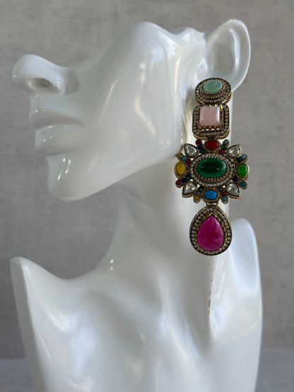 Ayura Designs Jeenat Earrings – Multicolour Stones, Crystal Detailing & Rani Pink Teardrops