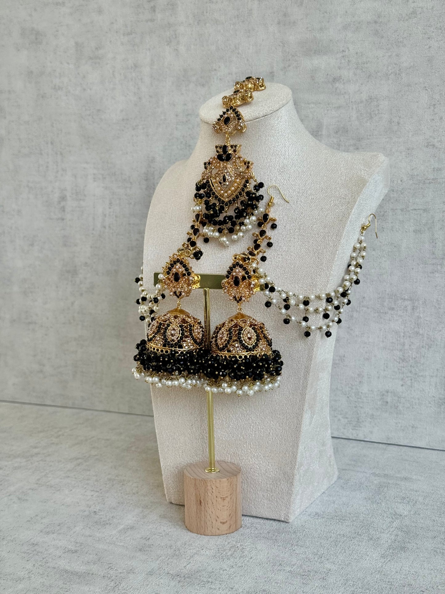 Ayura Designs Safia Tikka Set with Sahare Earrings – Black Beads & Champagne Crystals