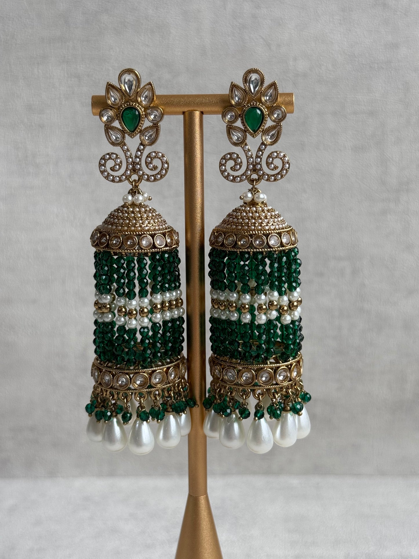 Ayura Designs Sage Earrings – Statement Jhumkis with Mirror-Cut Stones, Pearl Drops & Emerald Green Beads